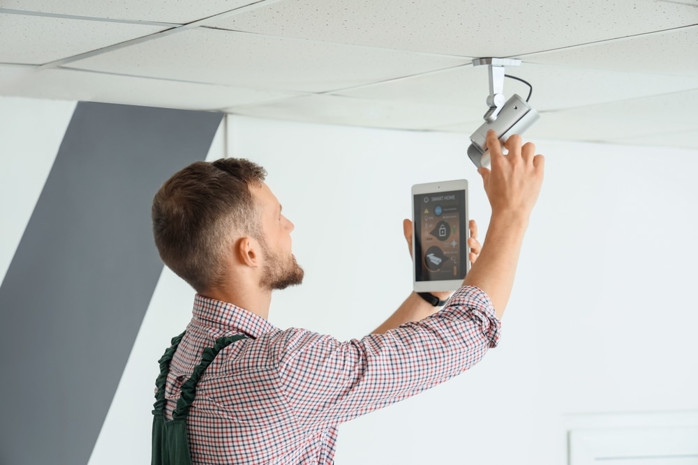Commercial security cameras covering a storefront